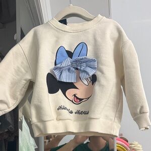 Zara Cream Sweatshirt with Minnie Mouse and Blue Bow